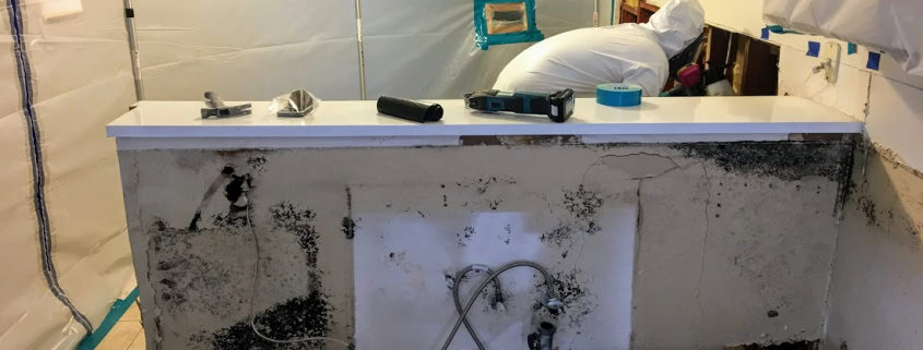 Containment barriers installed during kitchen mold remediation in San Clemente