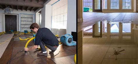 Technician using water extraction equipment on affected flooring during emergency water cleanup